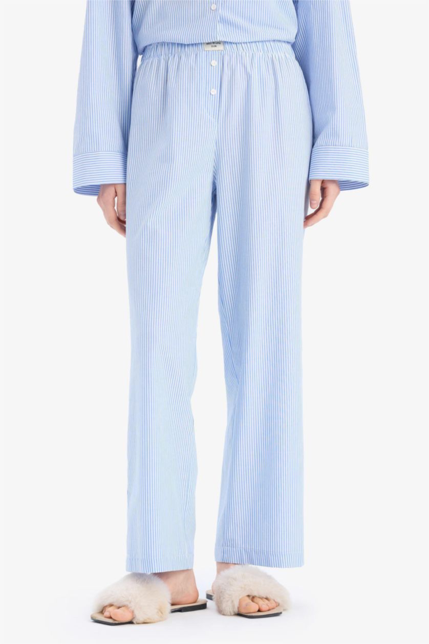 Kadın Mavi %100 Pamuk Çizgili Uzun Boy Poplin Pijama Altı