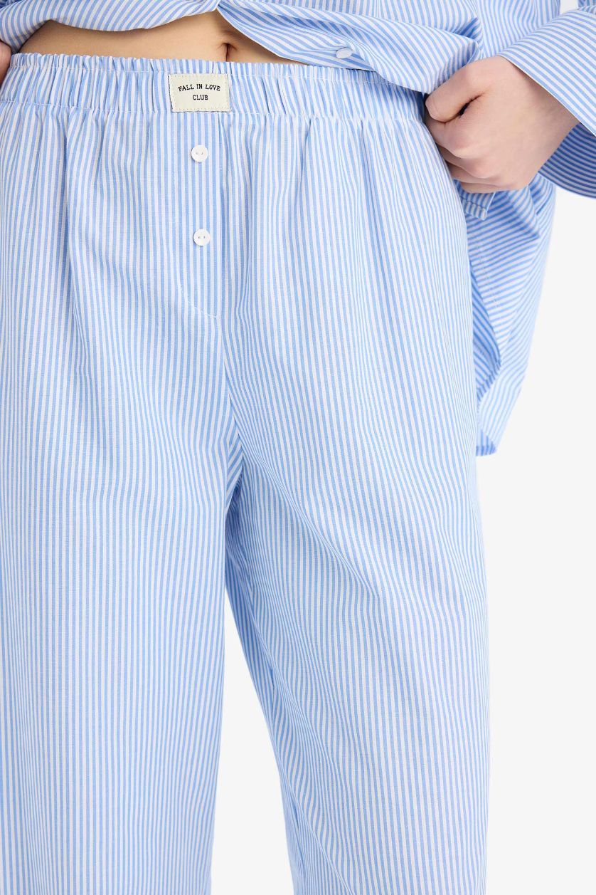 Kadın Mavi %100 Pamuk Çizgili Uzun Boy Poplin Pijama Altı