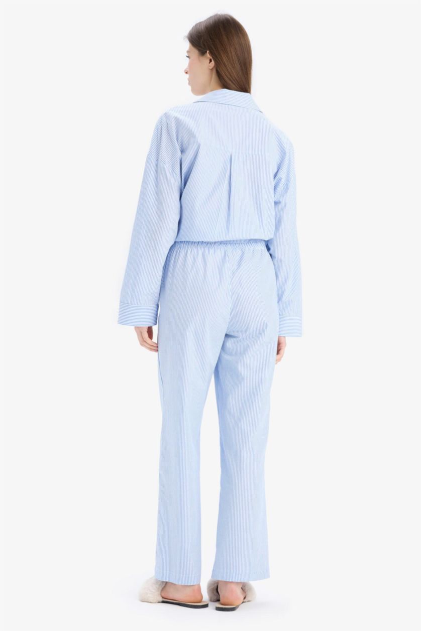 Kadın Mavi %100 Pamuk Çizgili Uzun Boy Poplin Pijama Altı