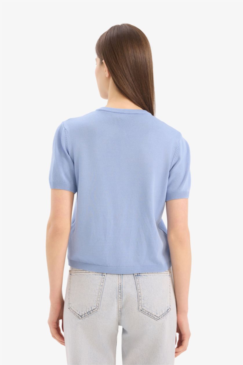 Kadın Açık Mavi Regular Fit Bisiklet Yaka Basic Düz Triko Hırka