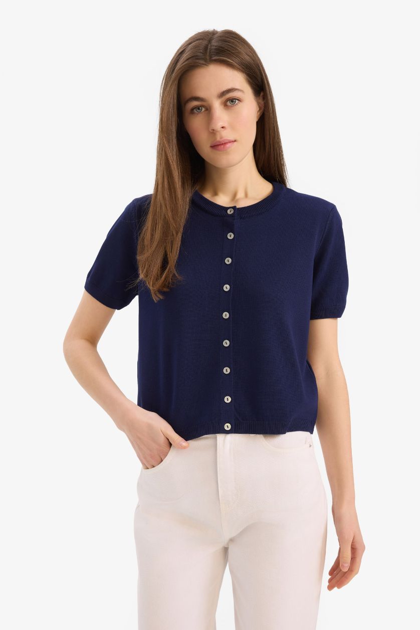 Kadın Lacivert 	Regular Fit Bisiklet Yaka Basic Düz Triko Hırka