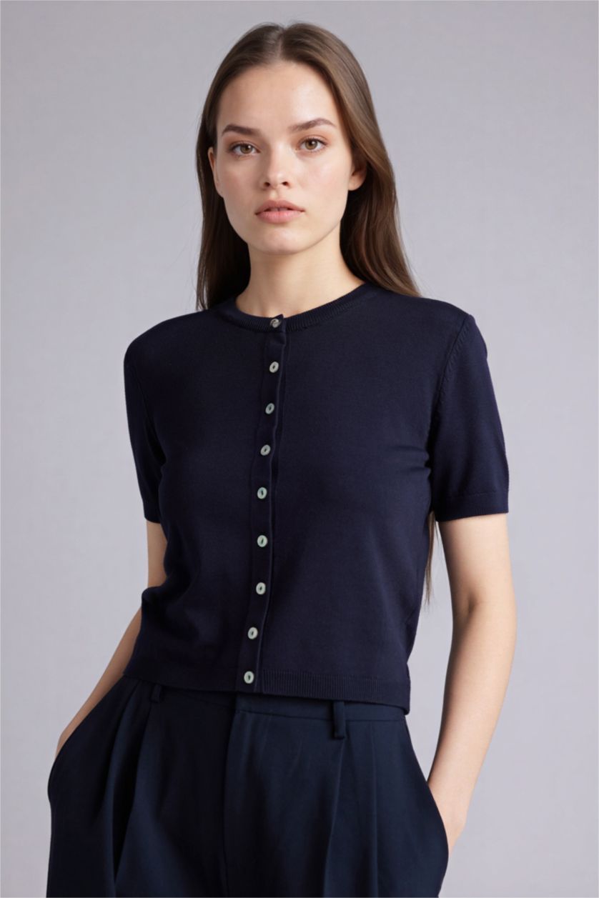 Woman NAVY Regular Fit Crew Neck Cardigan