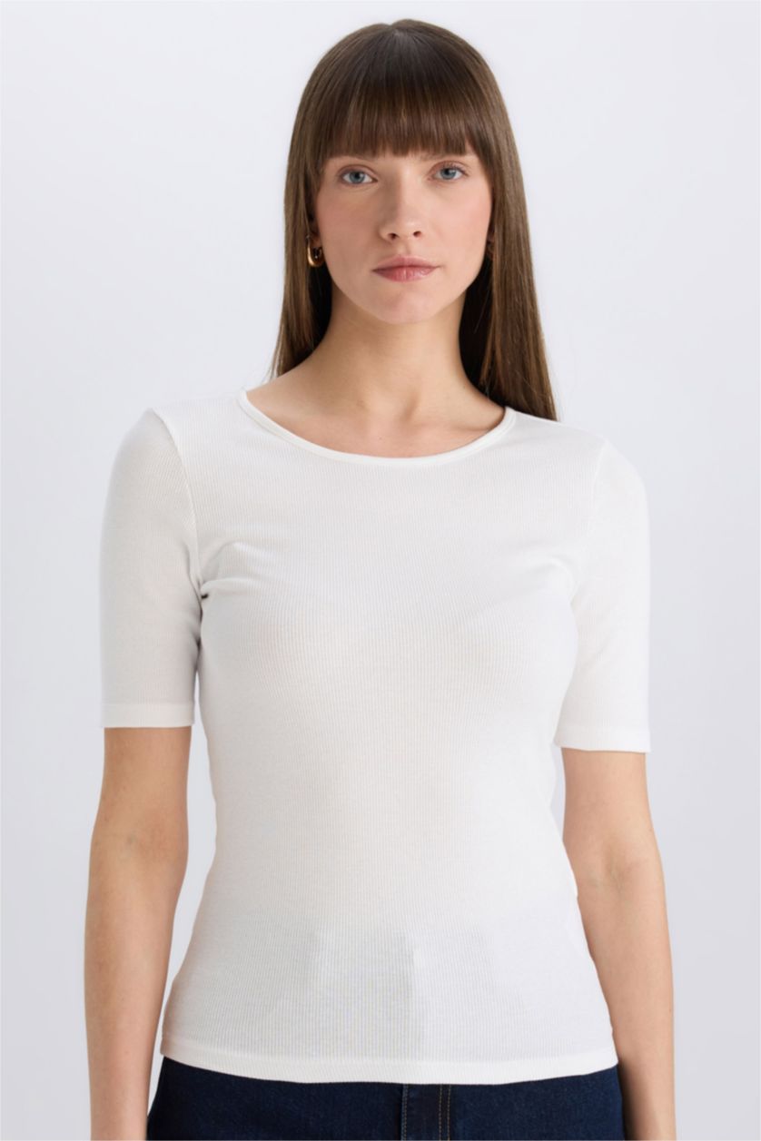 WOMAN Ecru Slim Fit Crew Neck Corduroy Casual T-Shirt