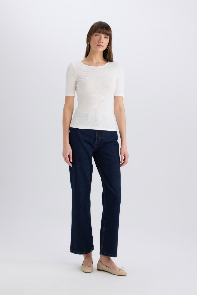 WOMAN Ecru Slim Fit Crew Neck Corduroy Casual T-Shirt