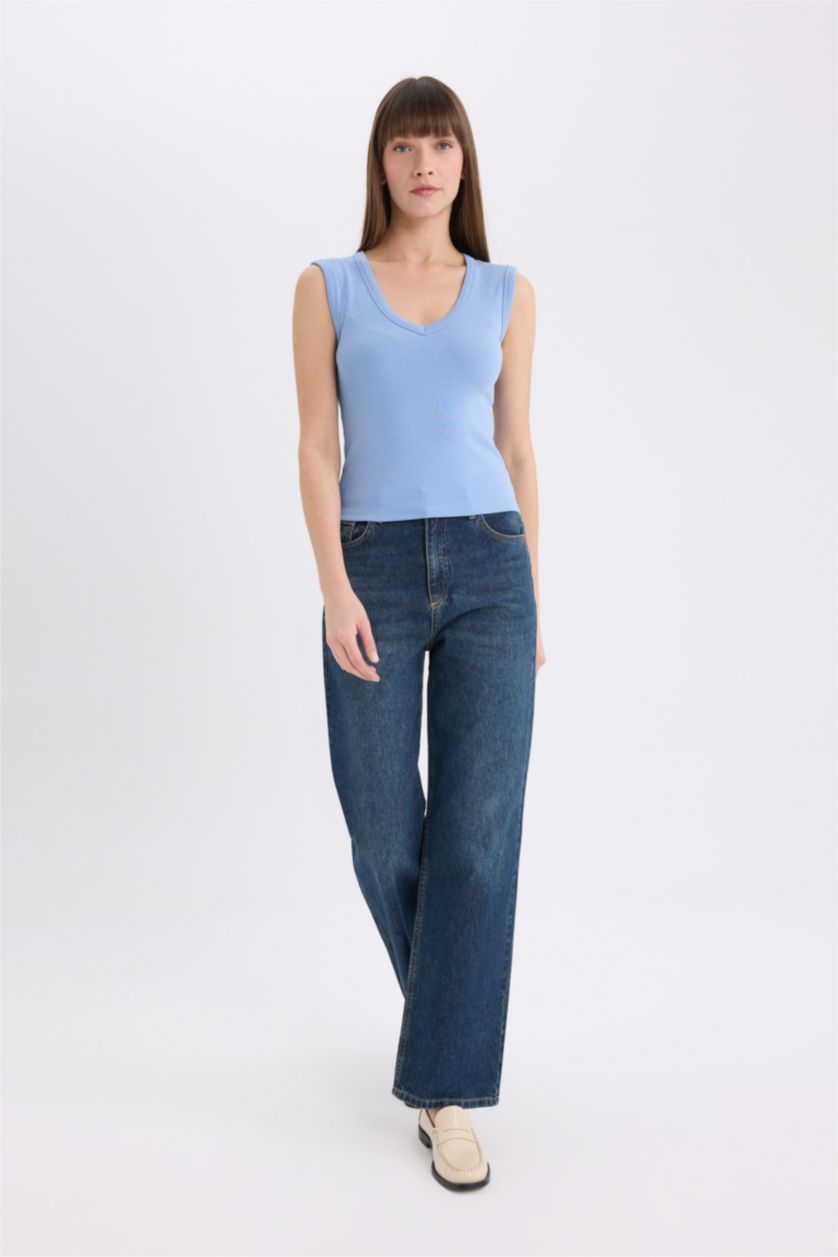 Kadın Mavi Slım Fıt V Yaka Ribana Atlet