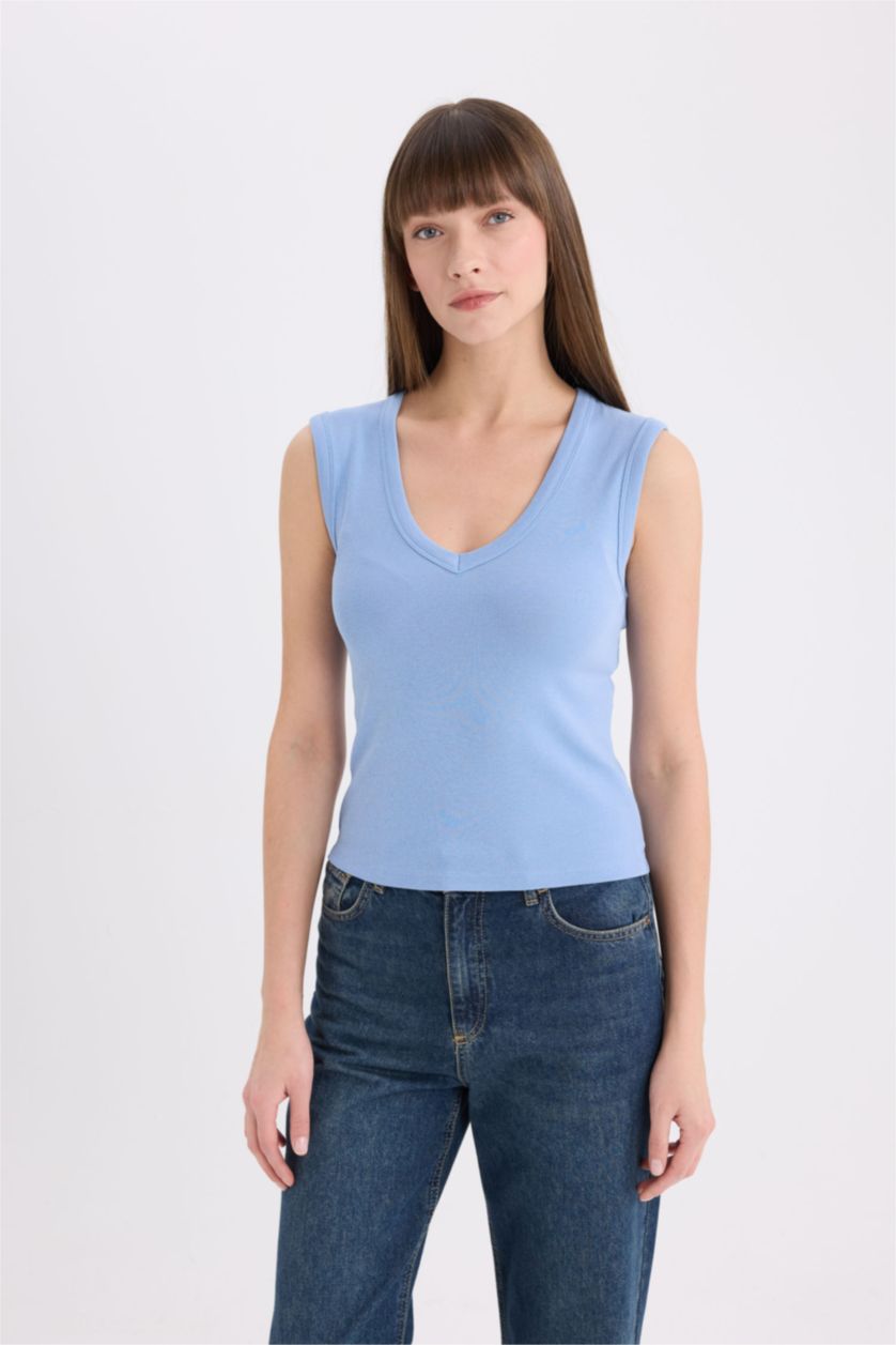 Kadın Mavi Slım Fıt V Yaka Ribana Atlet