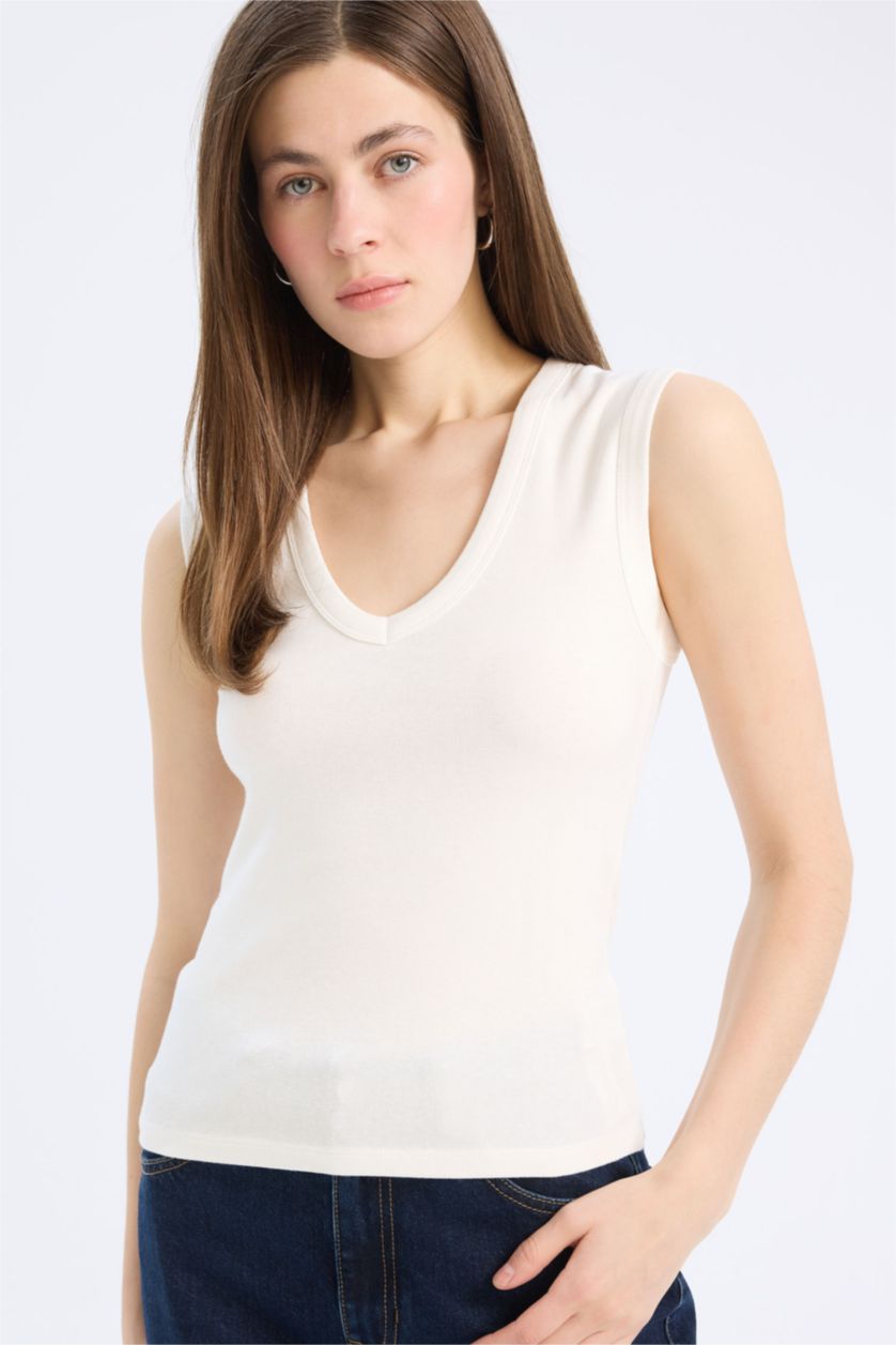 Kadın Ekru Slım Fıt V Yaka Ribana Atlet