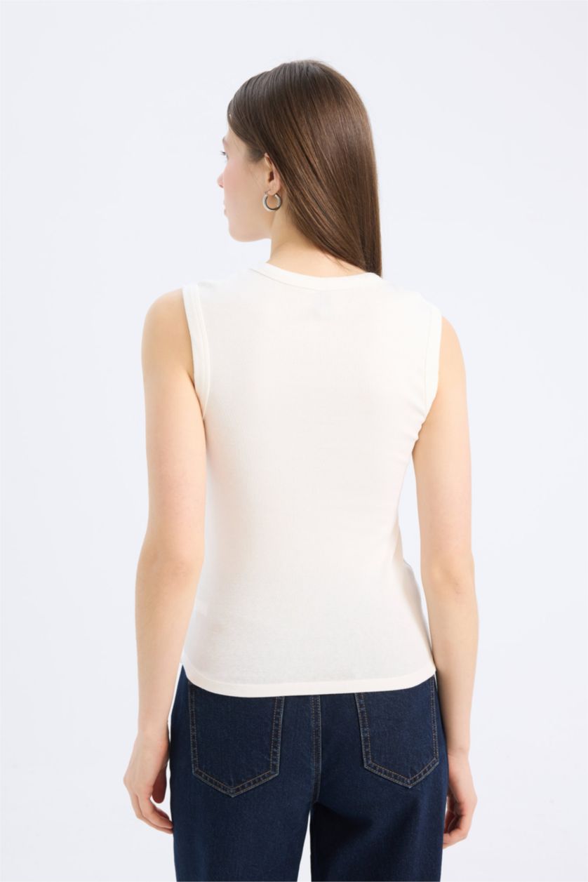 Kadın Ekru Slım Fıt V Yaka Ribana Atlet