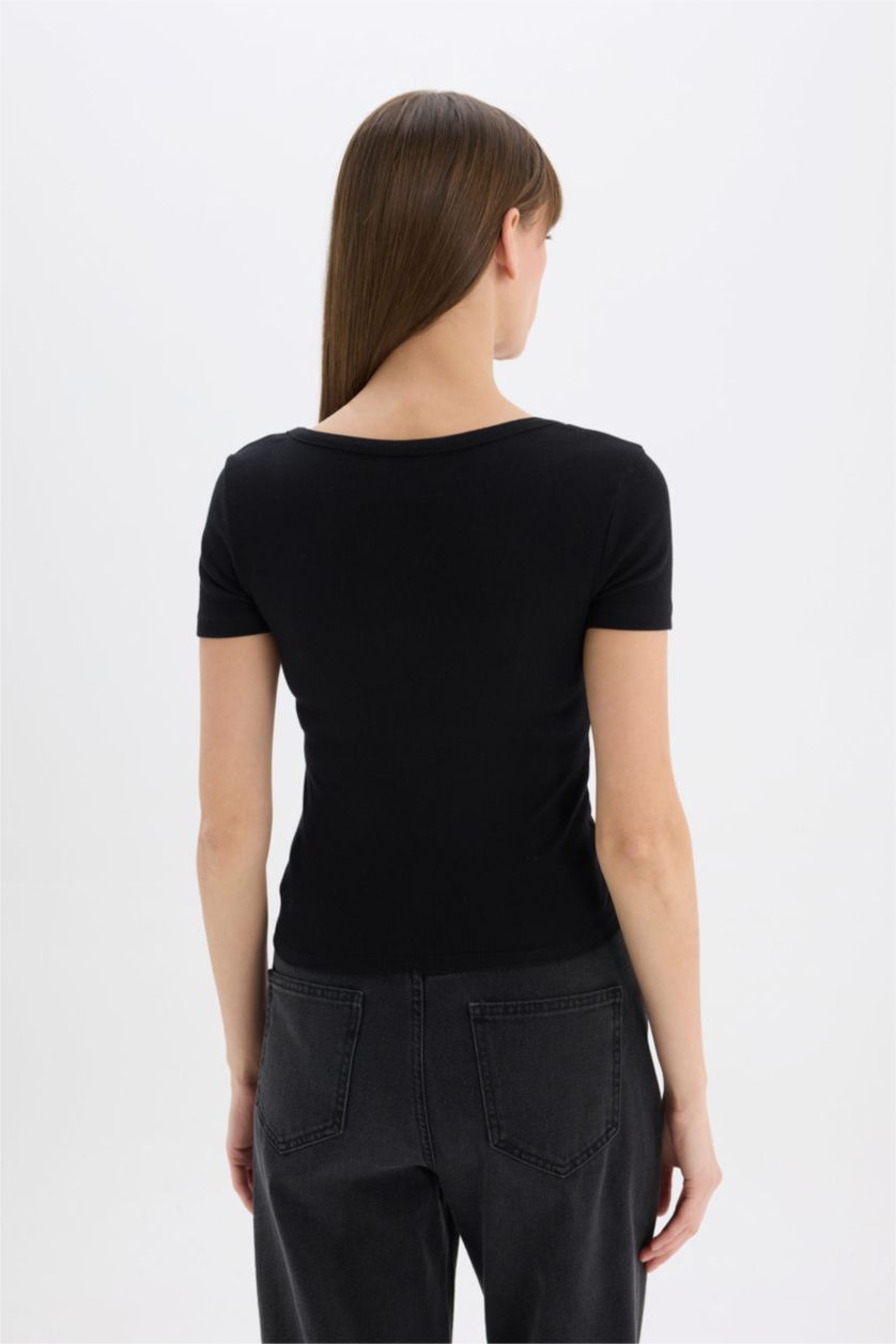 Kadın Siyah Slim Fit Dar Kesim Yuvarlak Yaka Basic Düz Fitilli Kaşkorse Kısa Kollu Siyah Tişört