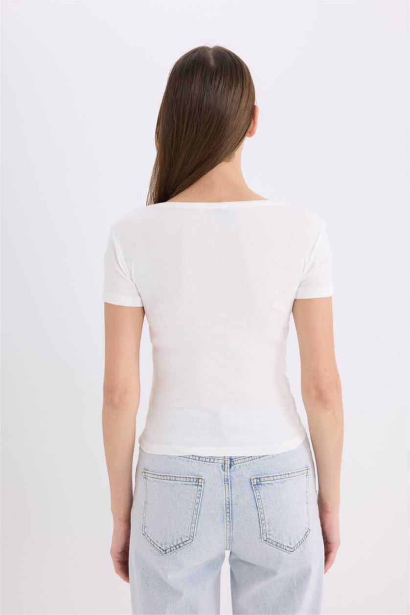 Kadın Ekru Slım Fıt Yuvarlak Yaka Basıc Fitilli Kaşkorse Beyaz Tişört