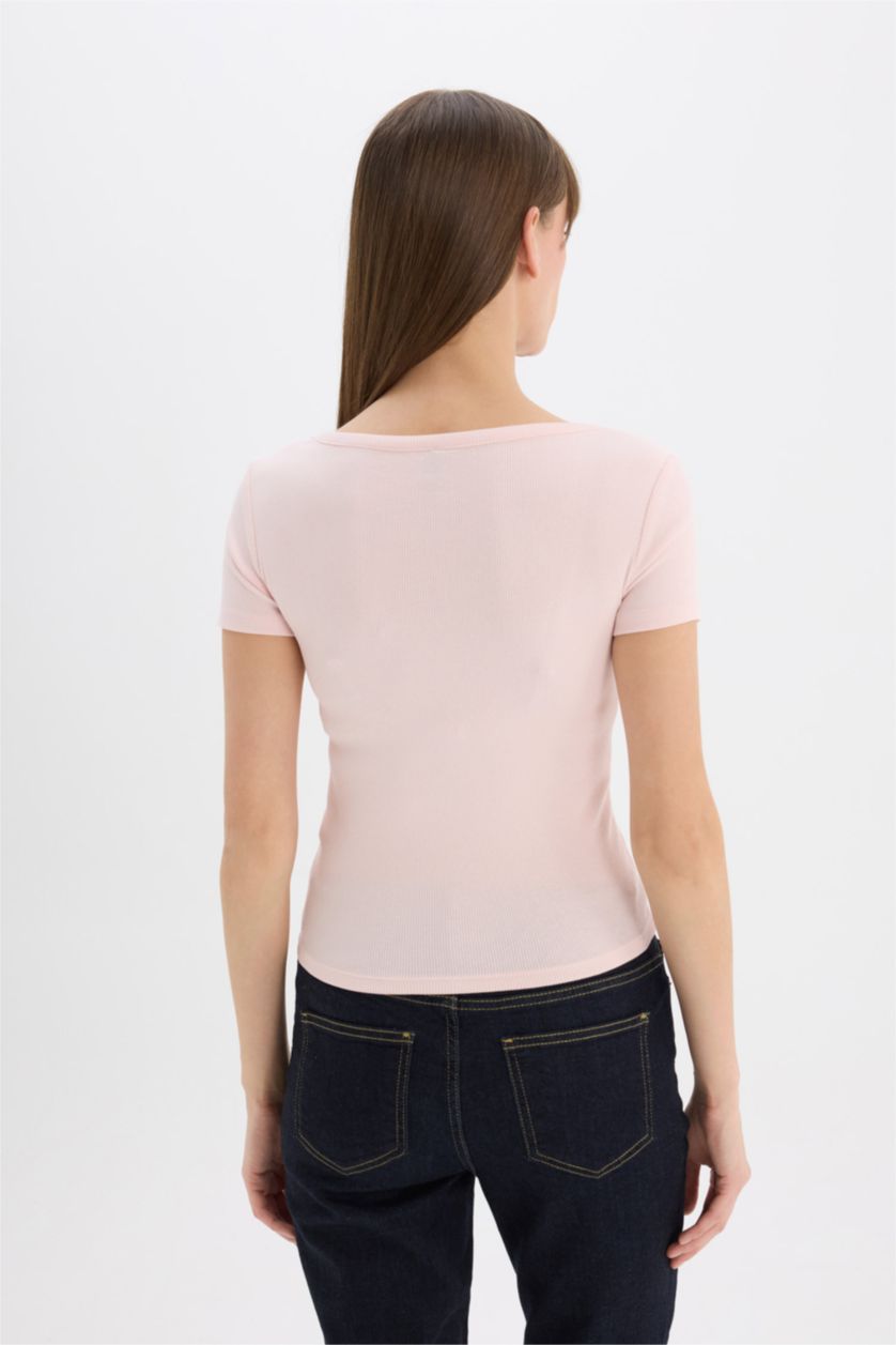 Kadın Açık Pembe Slım Fıt Yuvarlak Yaka Basıc Fitilli Kaşkorse Tişört