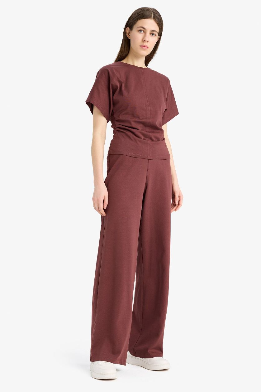 Kadın Bordo %100 Pamuk Wide Leg Basıc Geniş Paça Premium Pantolon