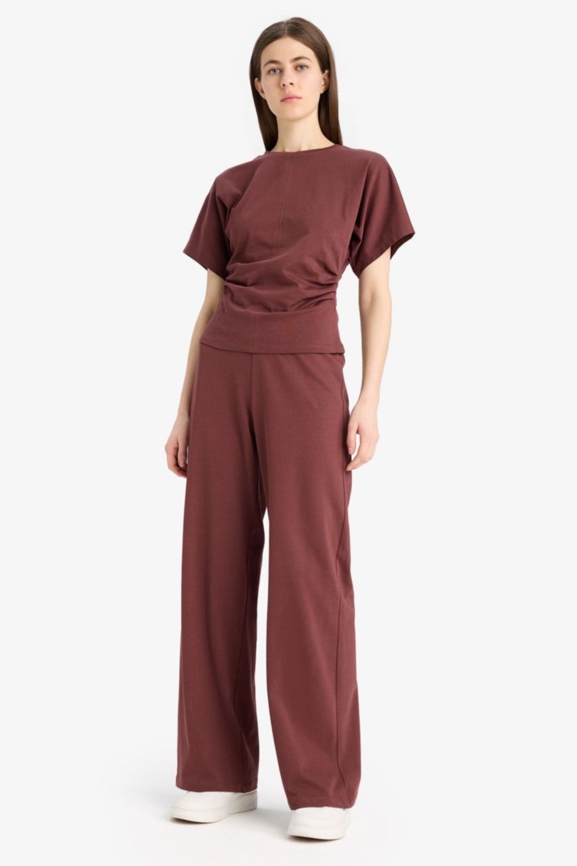 Kadın Bordo %100 Pamuk Wide Leg Basıc Geniş Paça Premium Pantolon