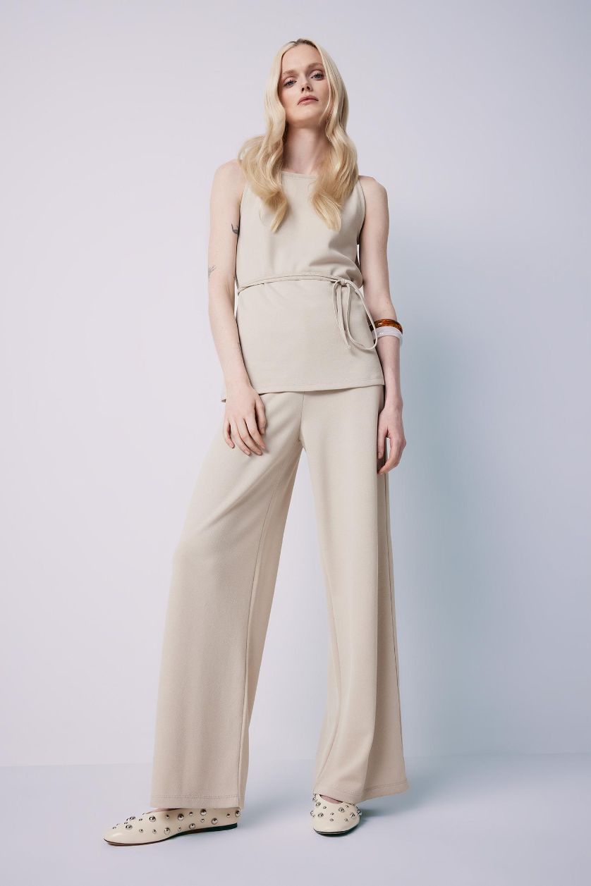 حريمي اللون الرملي بنطلون بيكيه وايد ليج برجل واسع