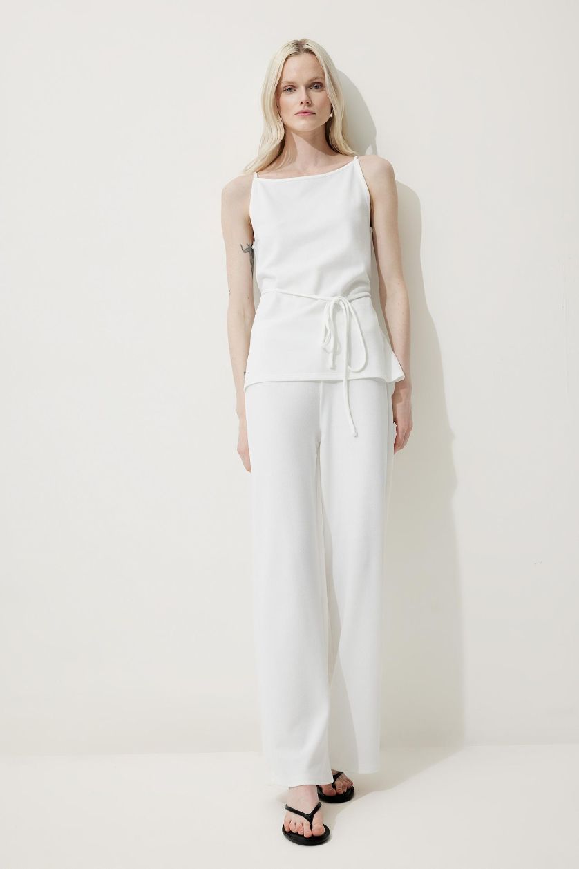 FEMME Blanc Pantalon large basique en piqué Coupe droite