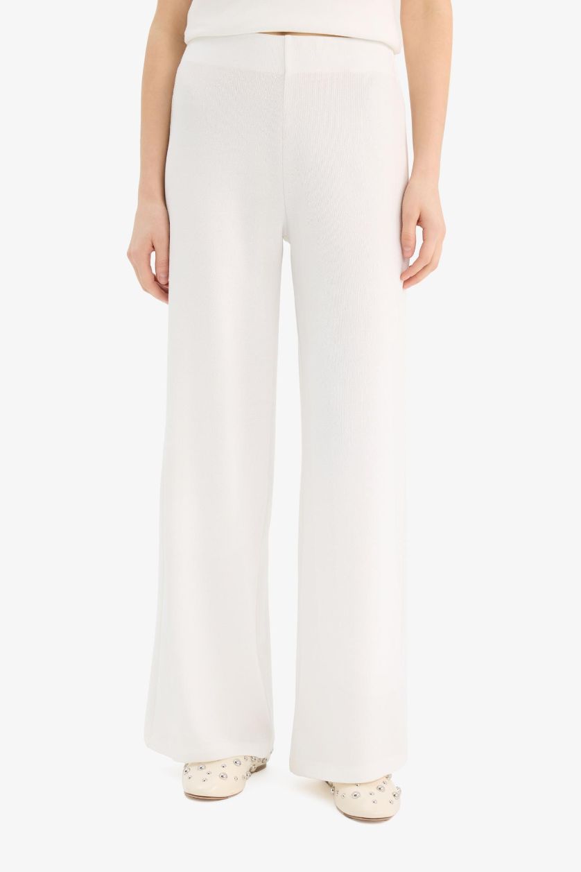 FEMME Blanc Pantalon large basique en piqué Coupe droite