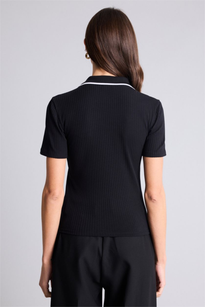 Kadın Siyah Slım Fıt Polo Yaka Fitilli Kaşkorse Tişört