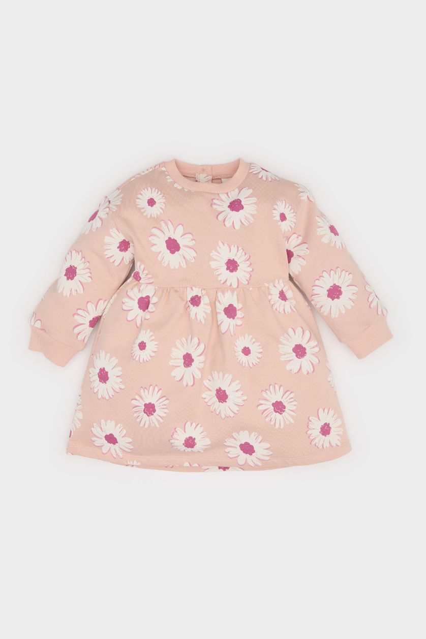 Kız Bebek Açık Pembe Çiçekli Uzun Kollu Elbise Kız Bebek