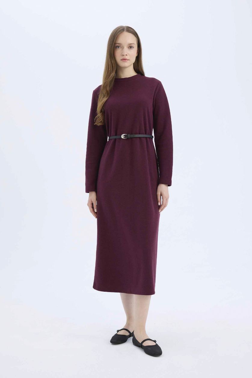 Kadın Bordo Regular Fit Bisiklet Yaka Uzun Kollu Kemerli Selanik Kumaş Maxi Tesettür Elbise