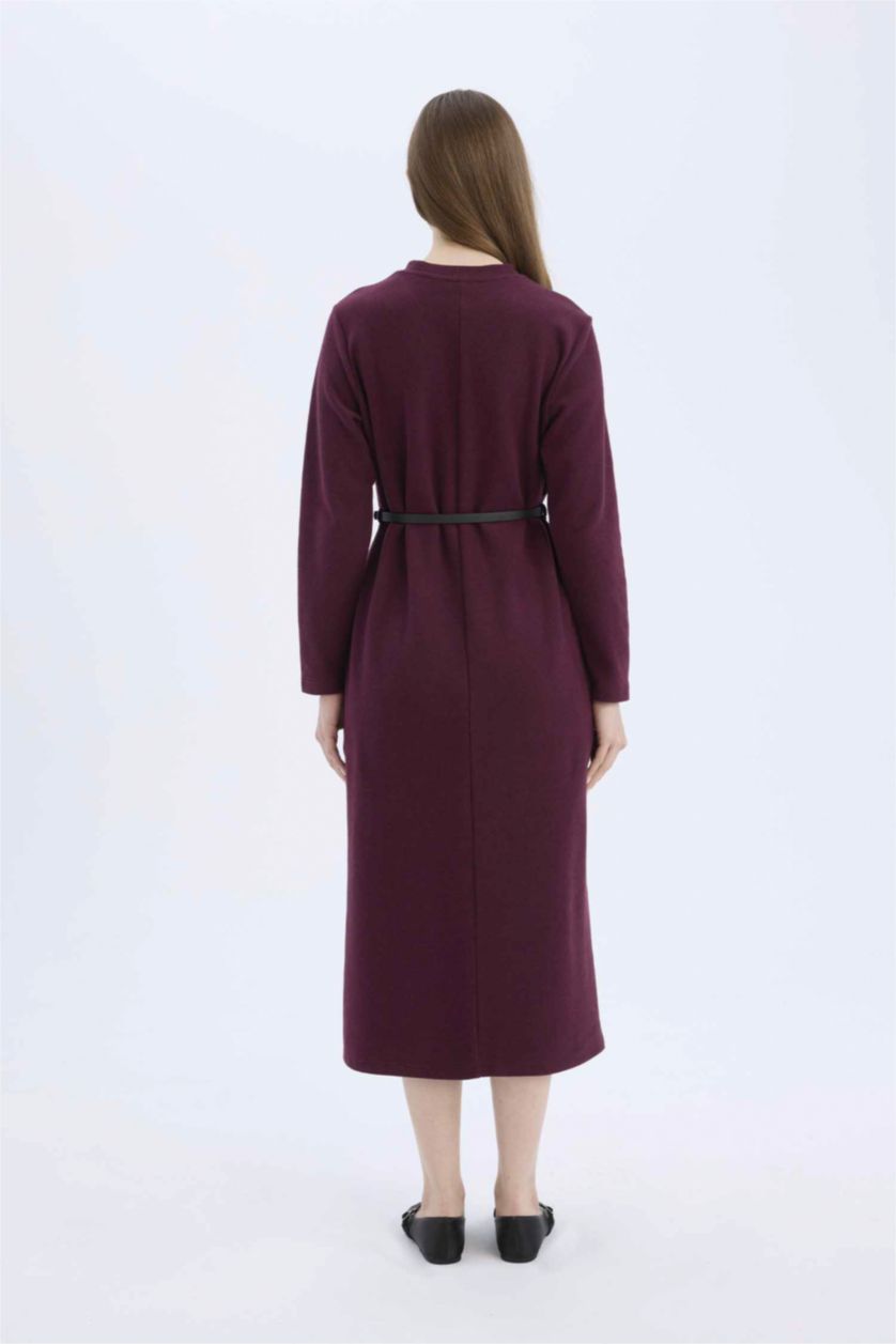 Kadın Bordo Regular Fit Bisiklet Yaka Uzun Kollu Kemerli Selanik Kumaş Maxi Tesettür Elbise