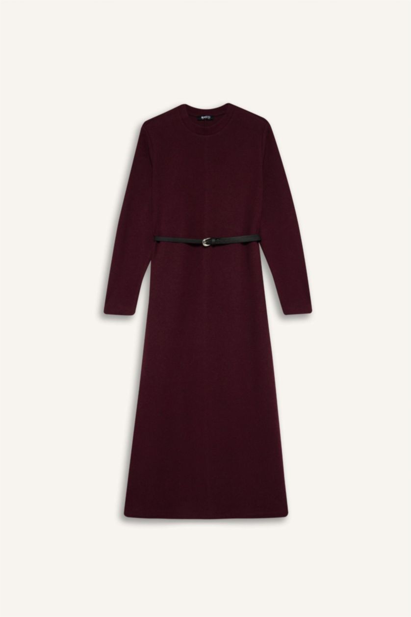 Kadın Bordo Regular Fit Bisiklet Yaka Uzun Kollu Kemerli Selanik Kumaş Maxi Tesettür Elbise