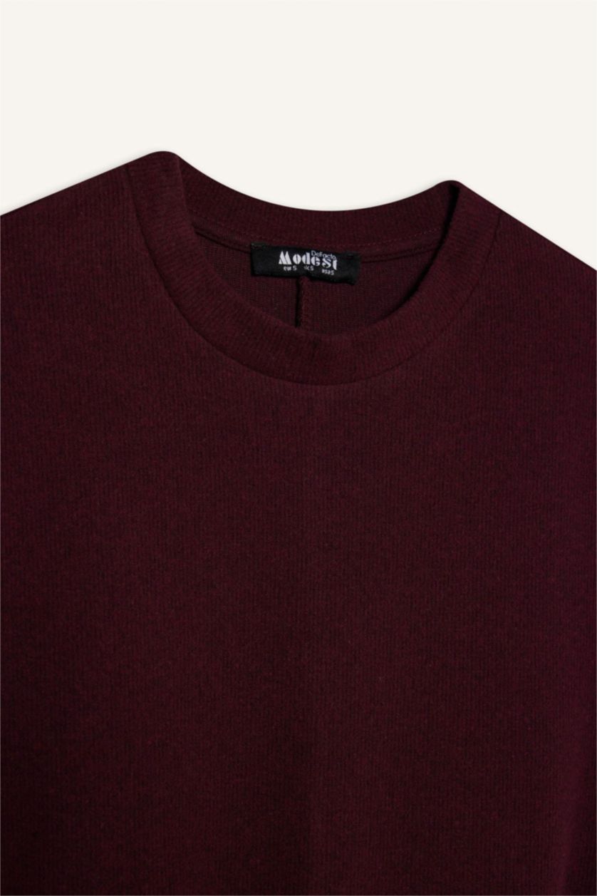 Kadın Bordo Regular Fit Bisiklet Yaka Uzun Kollu Kemerli Selanik Kumaş Maxi Tesettür Elbise