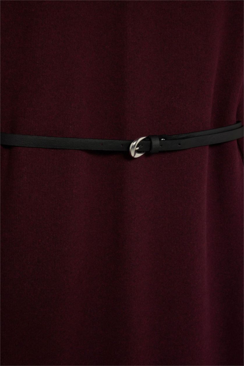 Kadın Bordo Regular Fit Bisiklet Yaka Uzun Kollu Kemerli Selanik Kumaş Maxi Tesettür Elbise