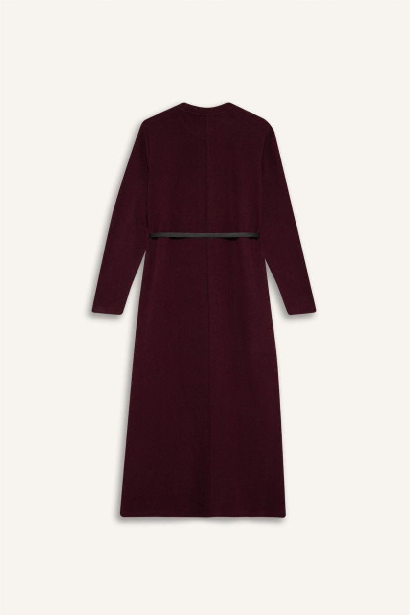 Kadın Bordo Regular Fit Bisiklet Yaka Uzun Kollu Kemerli Selanik Kumaş Maxi Tesettür Elbise