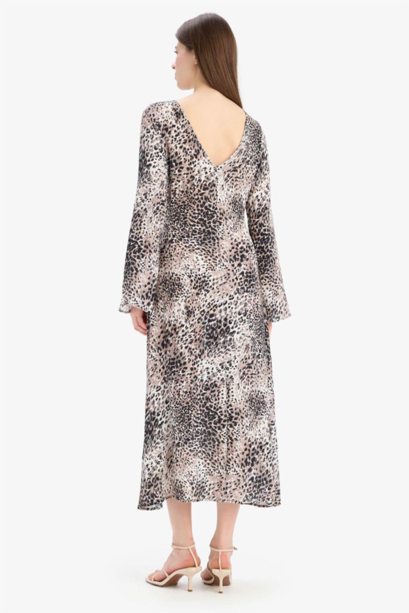 نساء أسود فستان ميدي مطبوع منسوج بقصة A بياخة مكشكشة