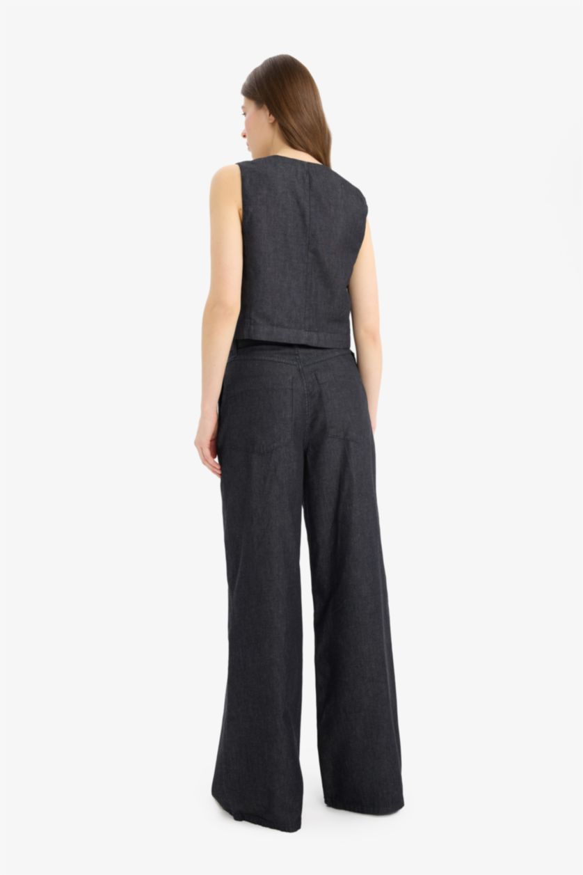 نساء أسود أزرق بنطرون جينز وايد ليج برجل واسع وخصر عالي