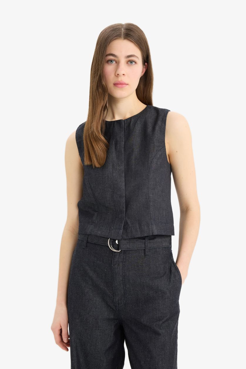 Kadın Mavi Siyah Yıkamalı Soluk Efektli Yumuşak Jean Yelek