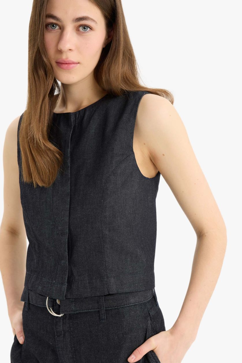 Kadın Mavi Siyah Yıkamalı Soluk Efektli Yumuşak Jean Yelek