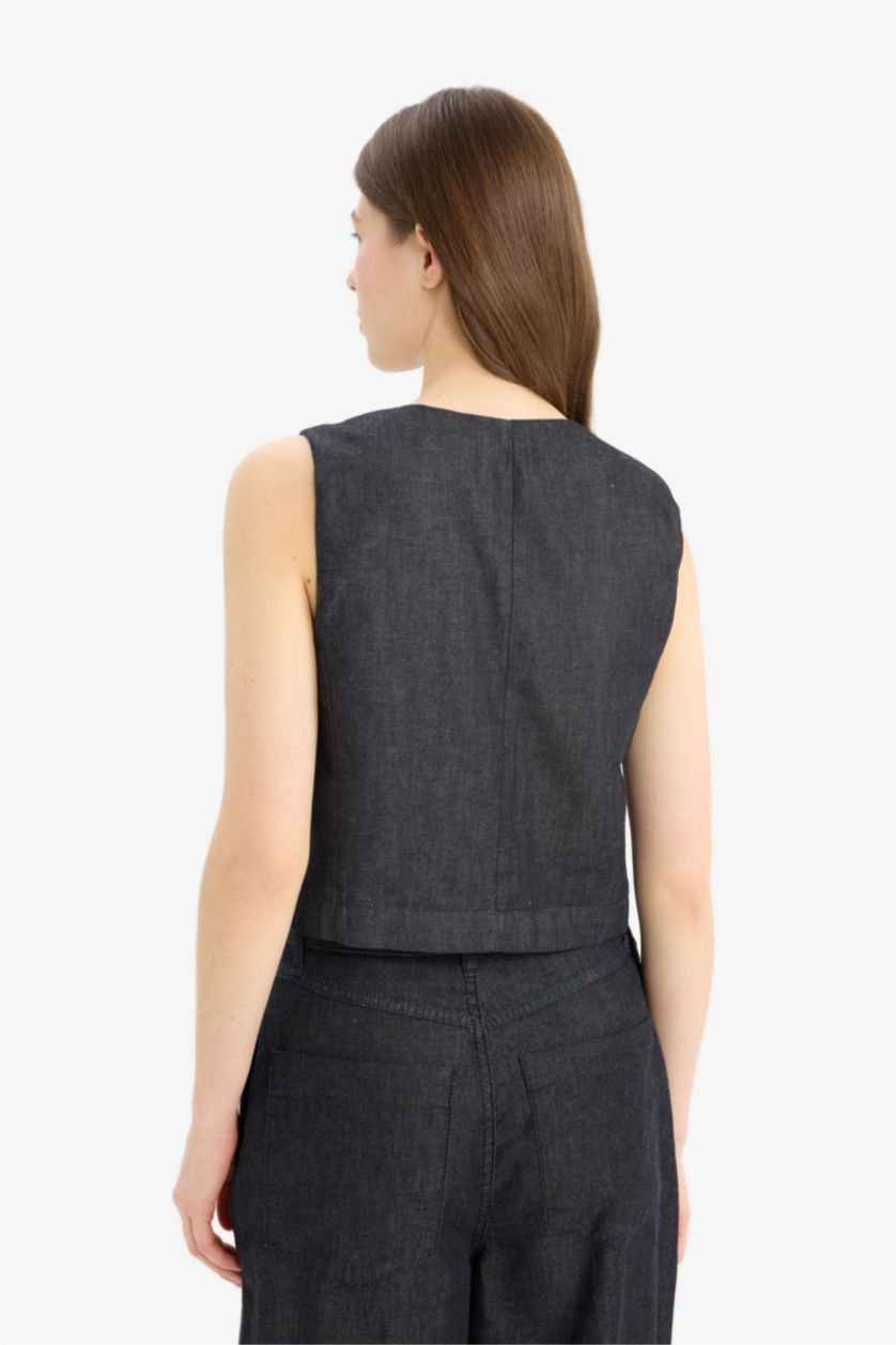 Kadın Mavi Siyah Yıkamalı Soluk Efektli Yumuşak Jean Yelek