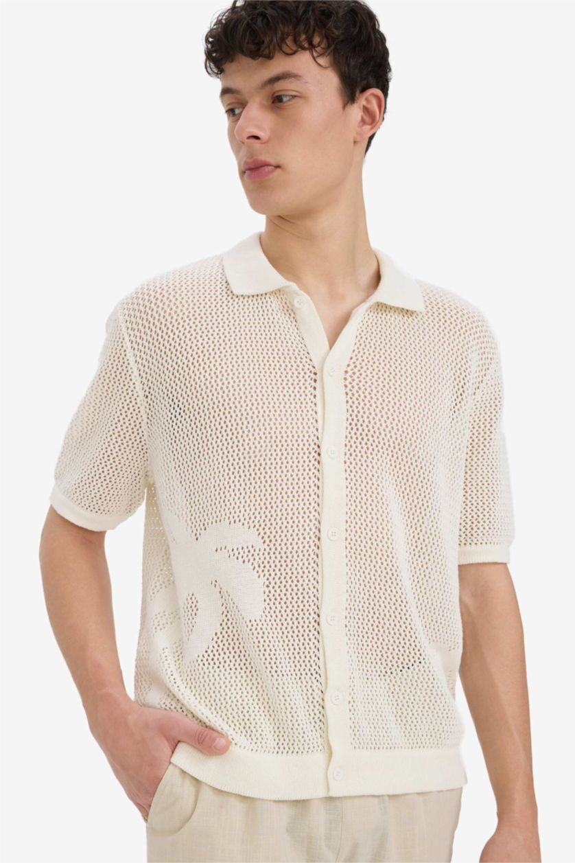 MAN Ecru Oversize Polo Collar Knitwear Polo T-Shirt