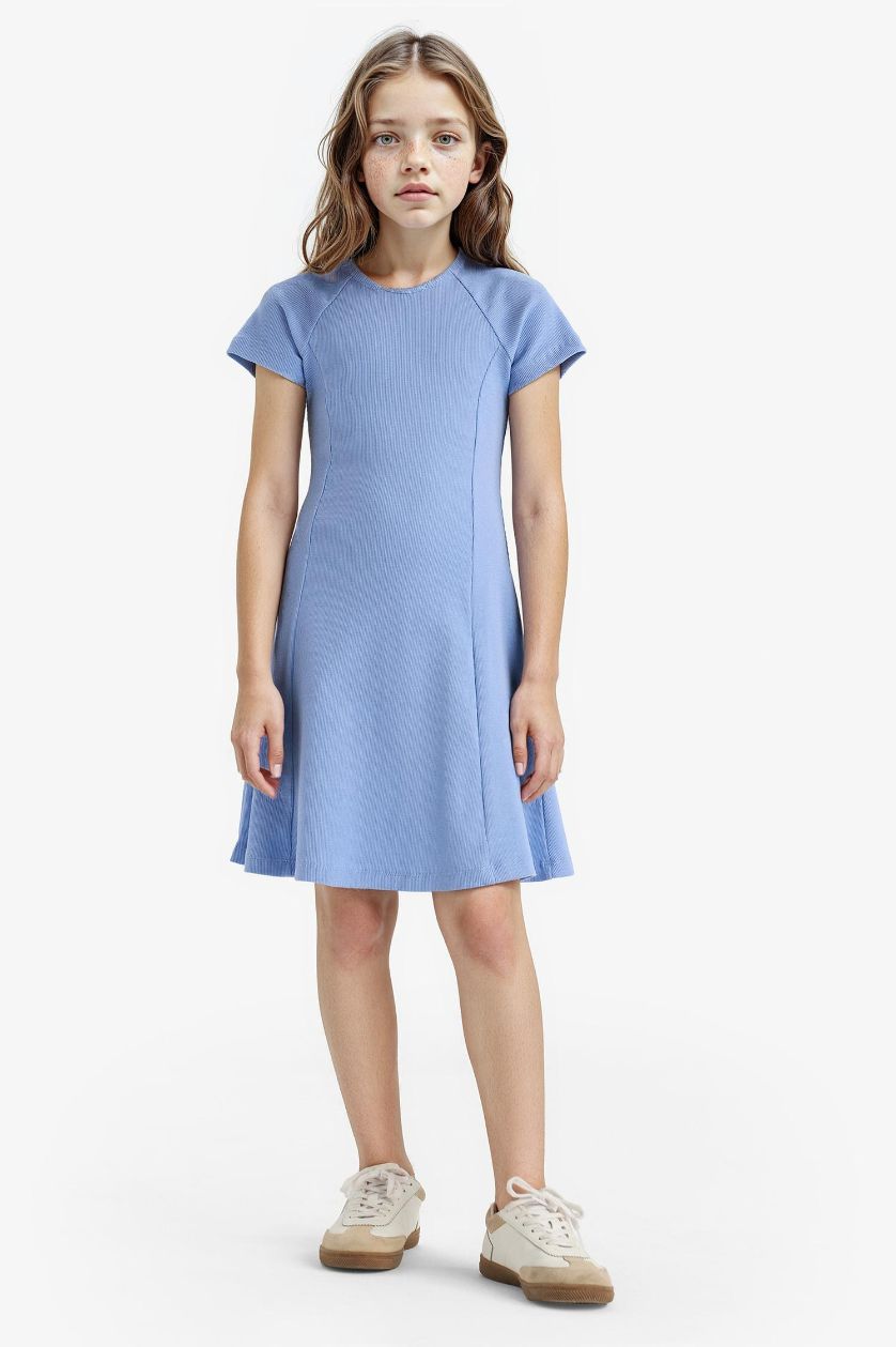 Kız Çocuk - Genç Kız Mavi Bisiklet Yaka A Kesim Basic Düz Fitilli Kaşkorse Kısa Kollu Yazlık Elbise Kız Çocuk