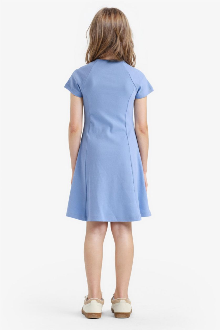 Kız Çocuk - Genç Kız Mavi Bisiklet Yaka A Kesim Basic Düz Fitilli Kaşkorse Kısa Kollu Yazlık Elbise Kız Çocuk