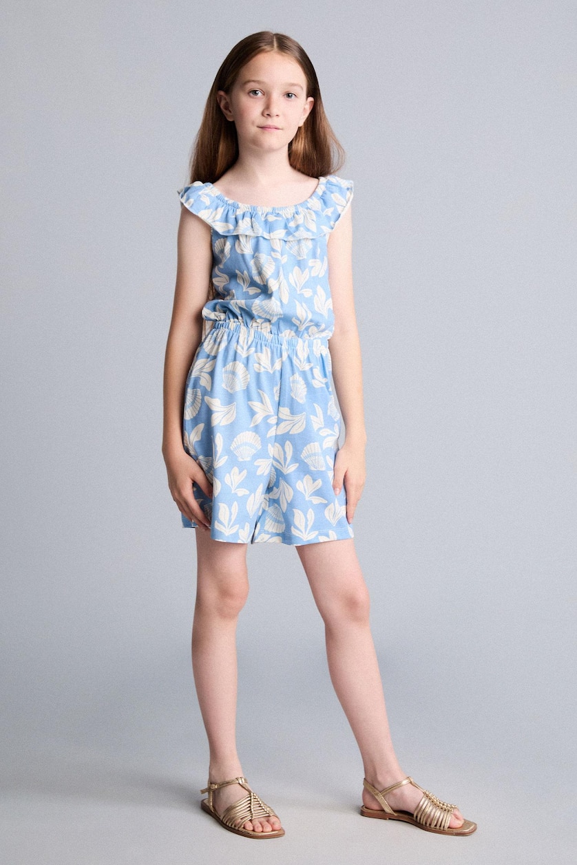 Girls & Teens Blue Girl 100% Cotton Sleeveless Floral Short Jumpsuit