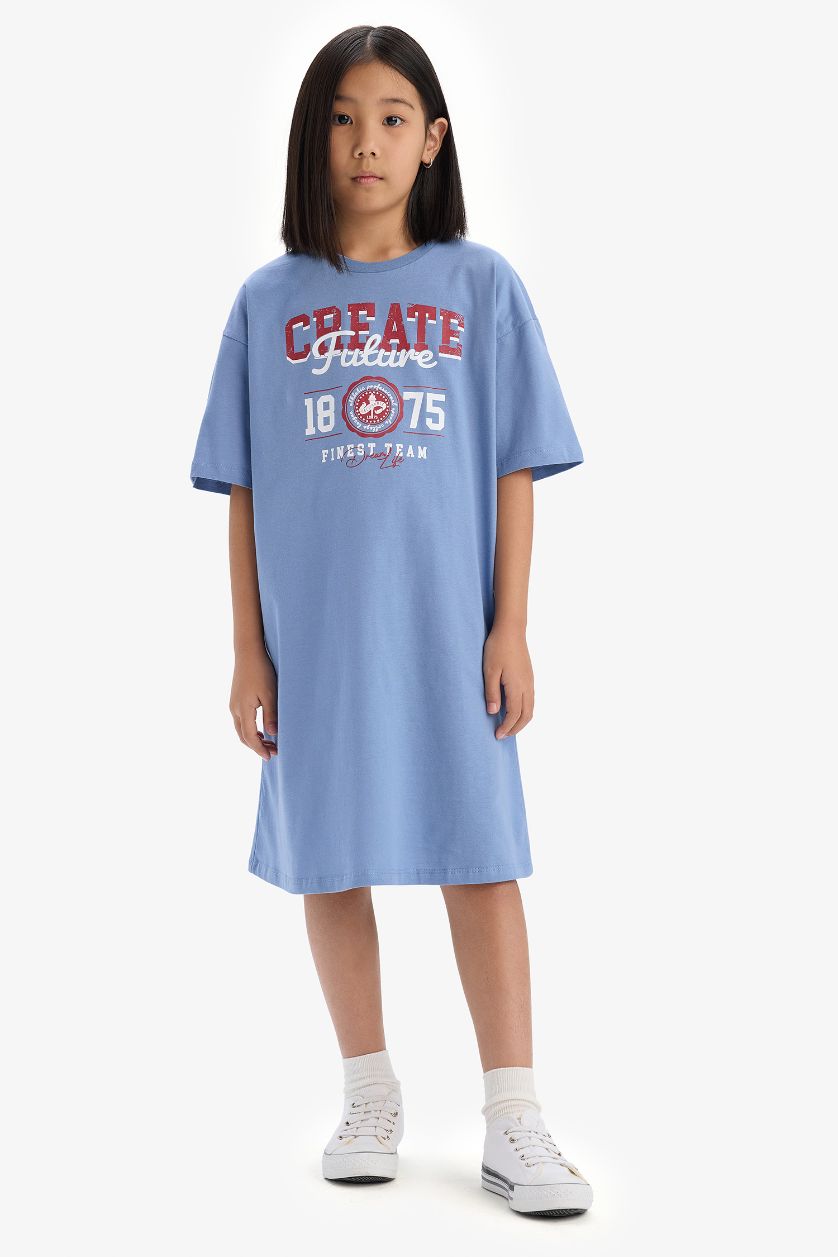 Kız Çocuk - Genç Kız Mavi Oversize Geniş Kalıp Bisiklet Yaka Baskılı Kısa Kollu Yazlık Elbise Kız Çocuk