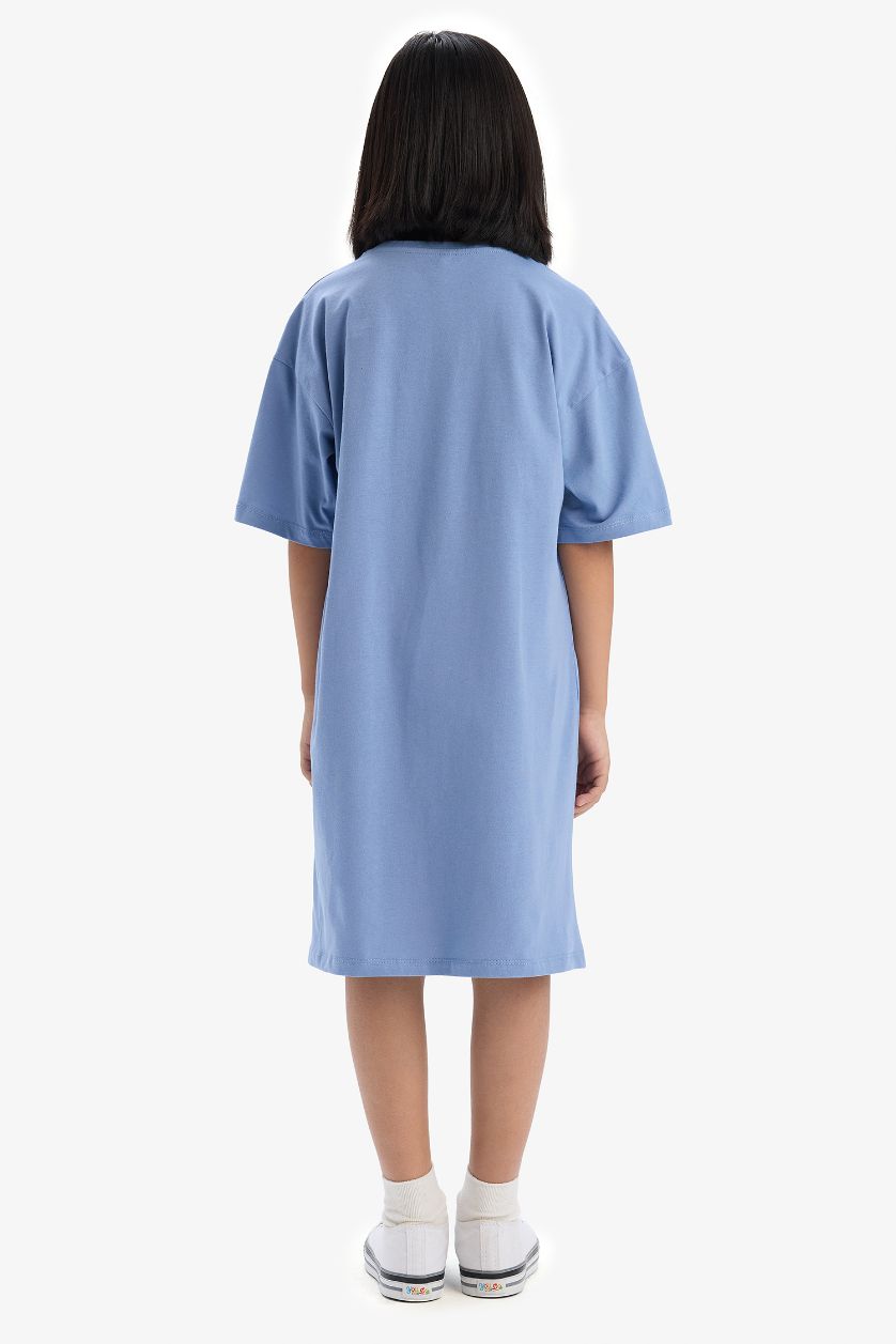 Kız Çocuk - Genç Kız Mavi Oversize Geniş Kalıp Bisiklet Yaka Baskılı Kısa Kollu Yazlık Elbise Kız Çocuk