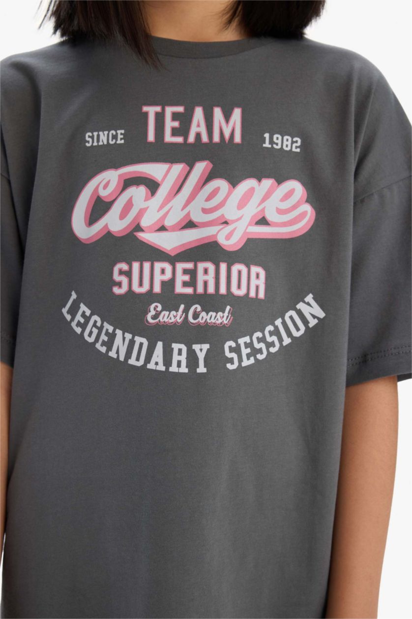 Kız Çocuk - Genç Kız Gri Oversize Geniş Kalıp Bisiklet Yaka Baskılı Kısa Kollu Yazlık Elbise Kız Çocuk