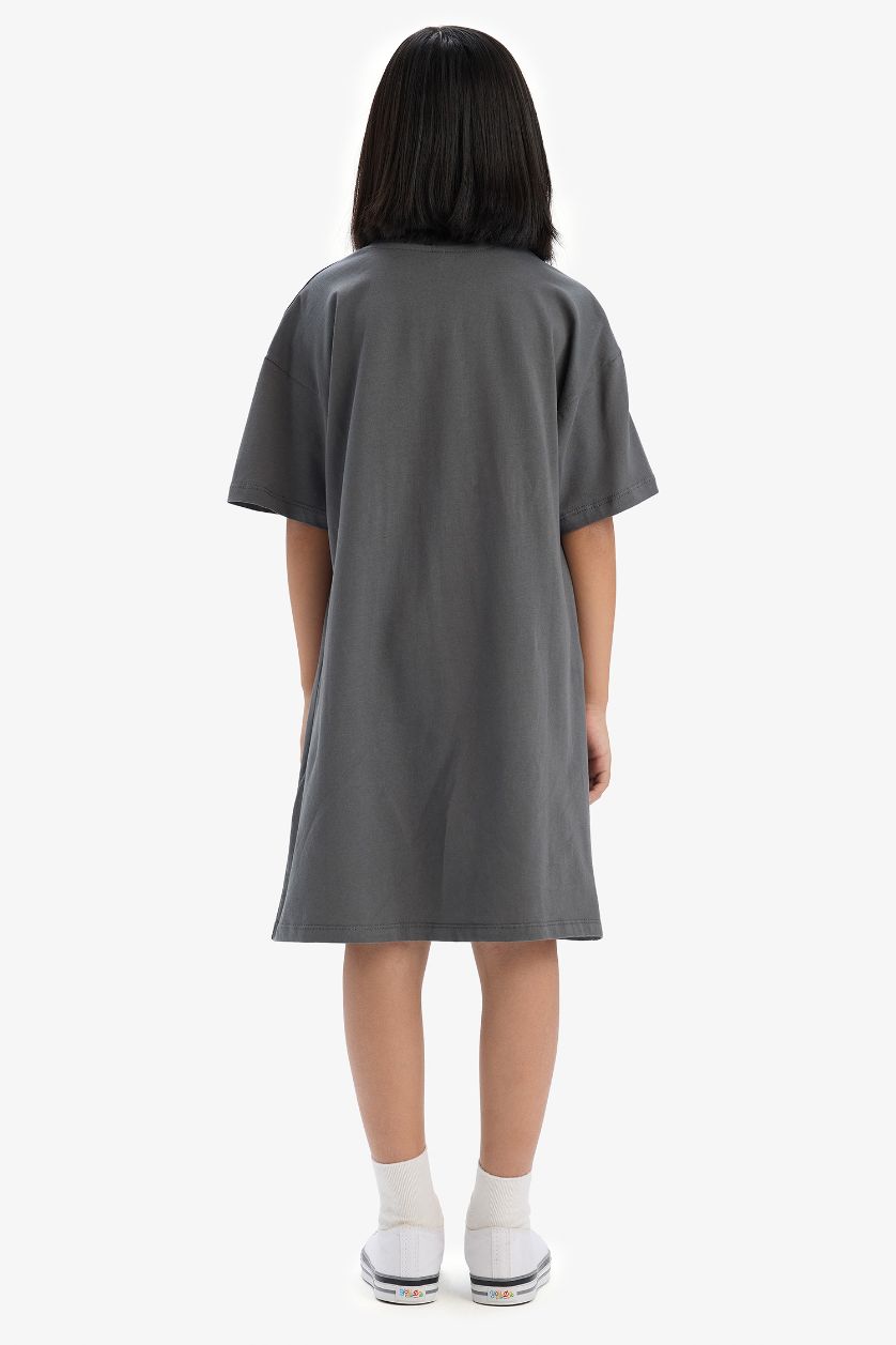 Kız Çocuk - Genç Kız Gri Oversize Geniş Kalıp Bisiklet Yaka Baskılı Kısa Kollu Yazlık Elbise Kız Çocuk