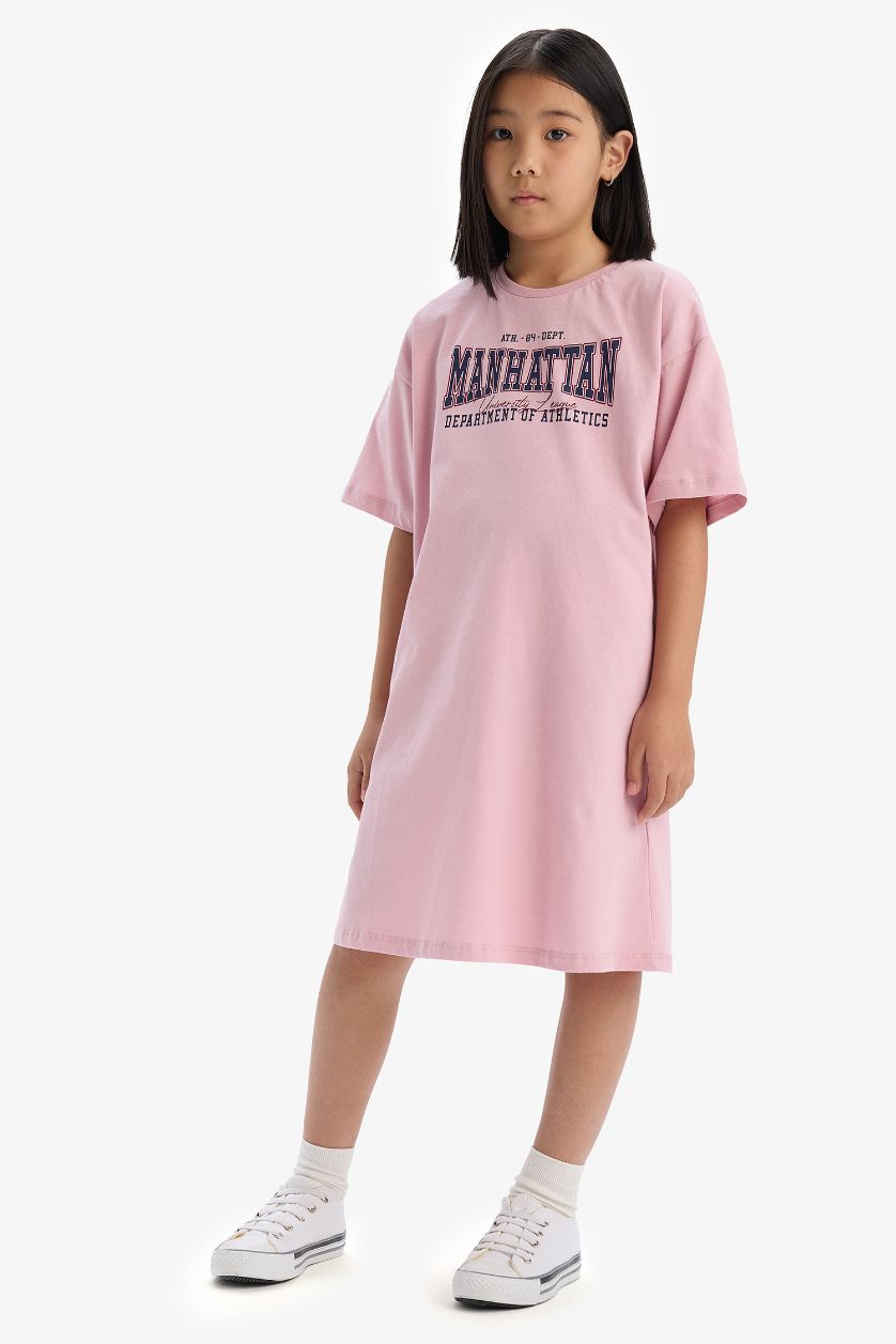 GIRLS & TEENS Pink Girl Oversize Fit Crew Neck Printed Dress