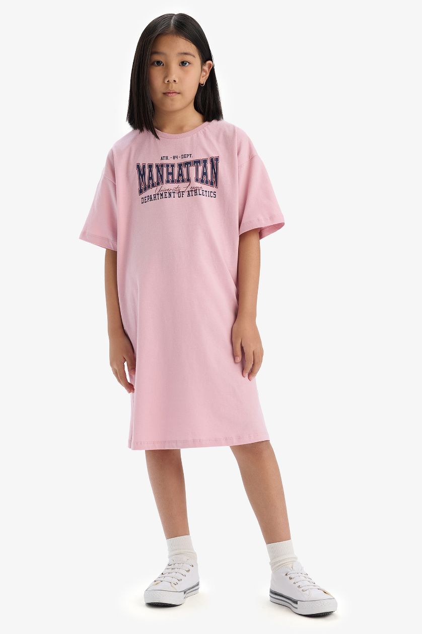 GIRLS & TEENS Pink Girl Oversize Fit Crew Neck Printed Dress