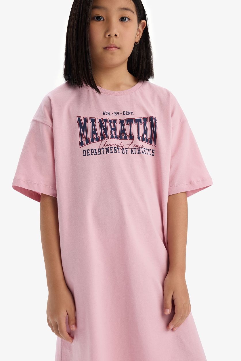 GIRLS & TEENS Pink Girl Oversize Fit Crew Neck Printed Dress