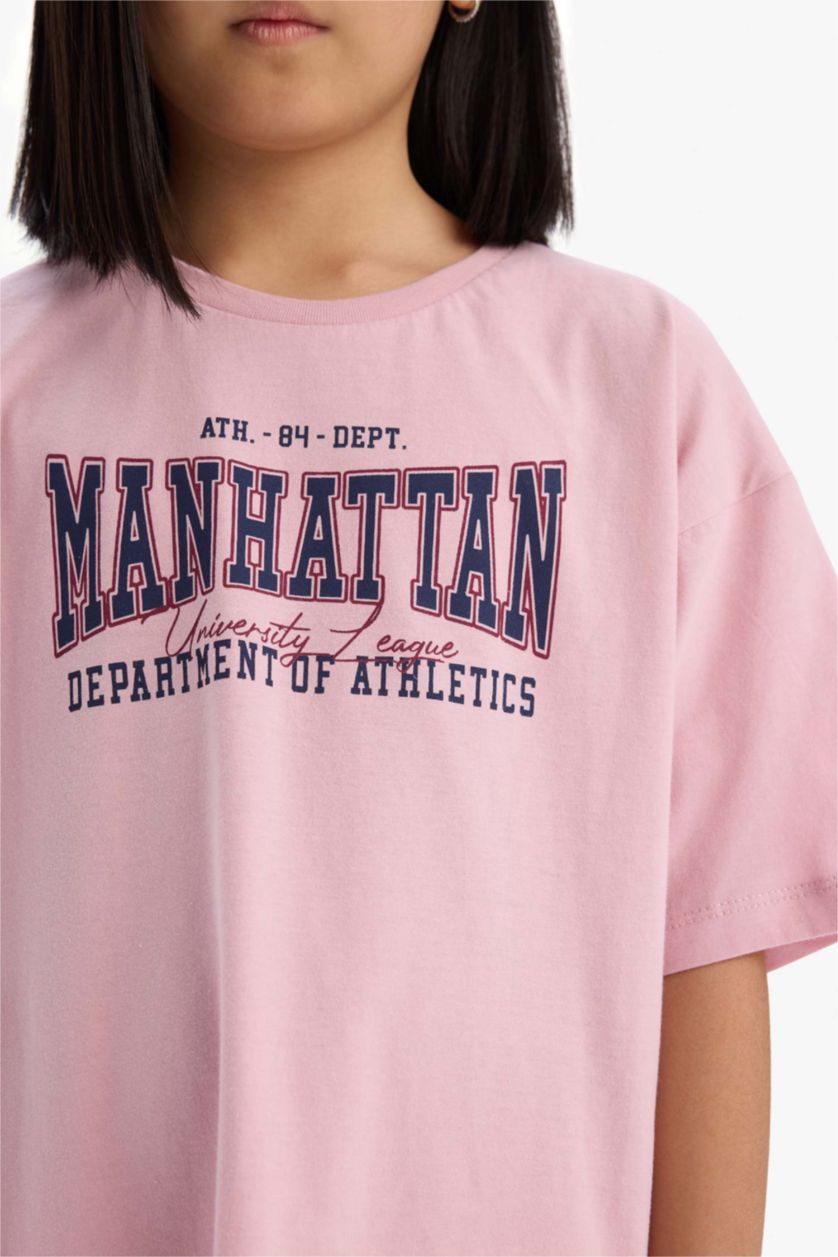 GIRLS & TEENS Pink Girl Oversize Fit Crew Neck Printed Dress