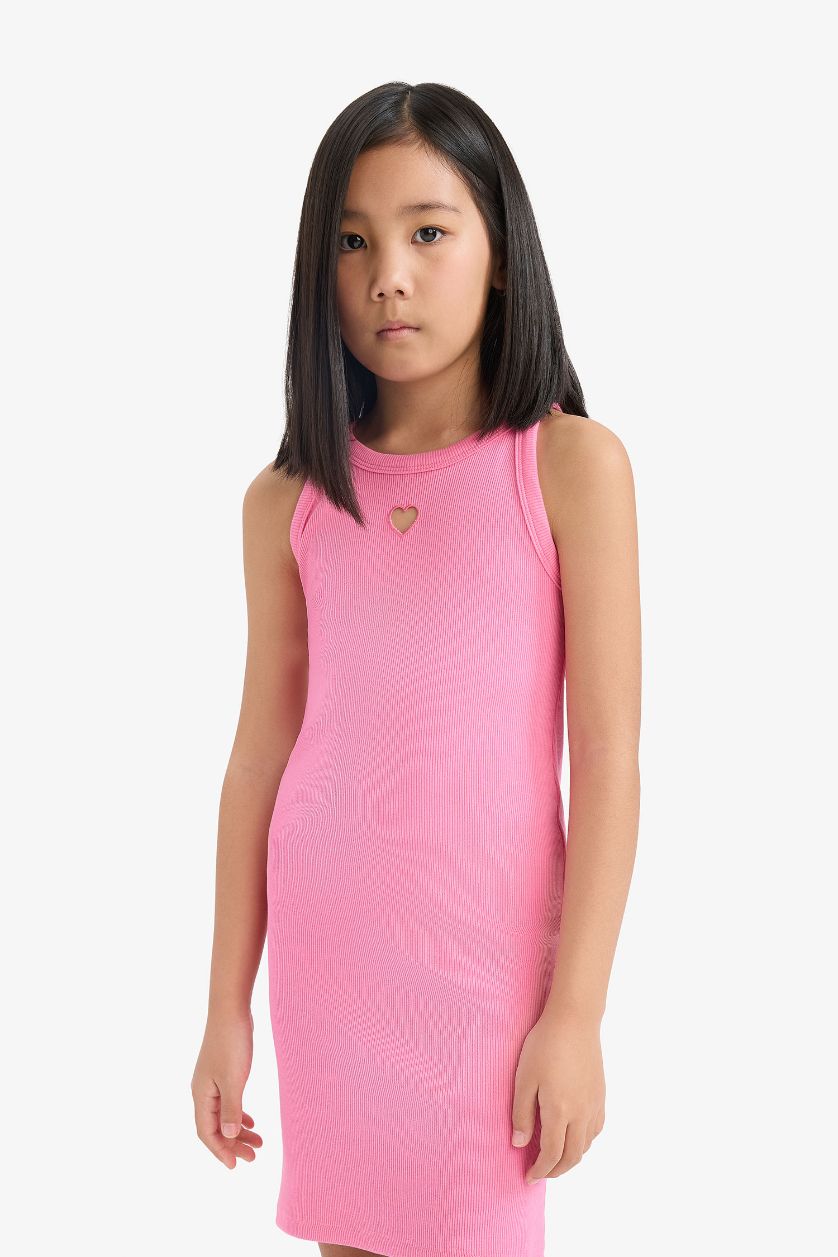 Kız Çocuk - Genç Kız Pembe Fitted Bisiklet Yaka Fitilli Kaşkorse Kolsuz Yazlık Elbise Kız Çocuk