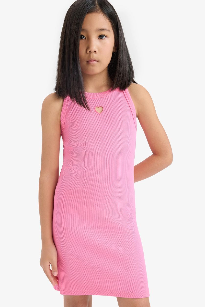 Kız Çocuk - Genç Kız Pembe Fitted Bisiklet Yaka Fitilli Kaşkorse Kolsuz Yazlık Elbise Kız Çocuk