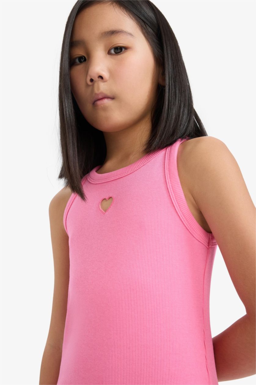 Kız Çocuk - Genç Kız Pembe Fitted Bisiklet Yaka Fitilli Kaşkorse Kolsuz Yazlık Elbise Kız Çocuk