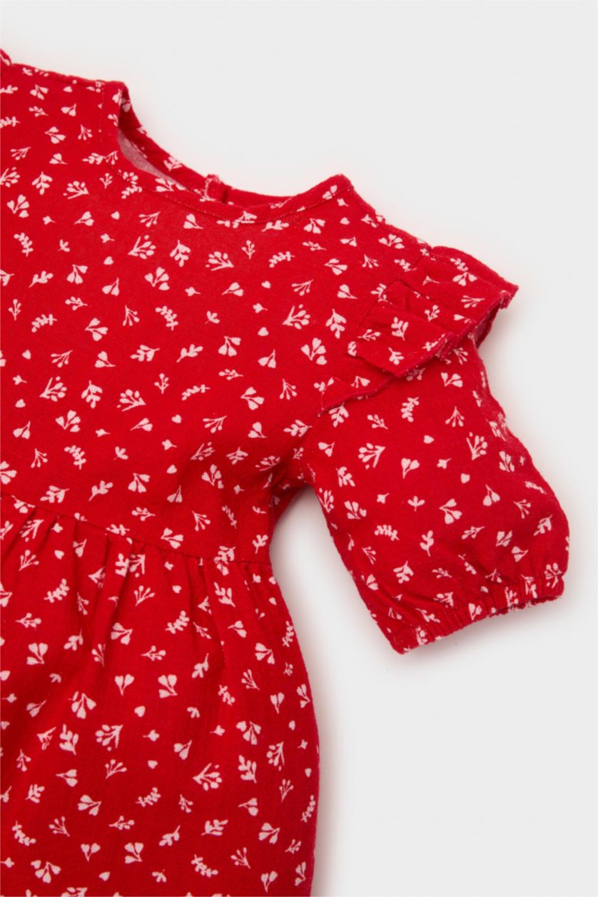 Kız Bebek Kırmızı Desenli Kısa Kollu Flamlı Poplin Elbise Kız Bebek