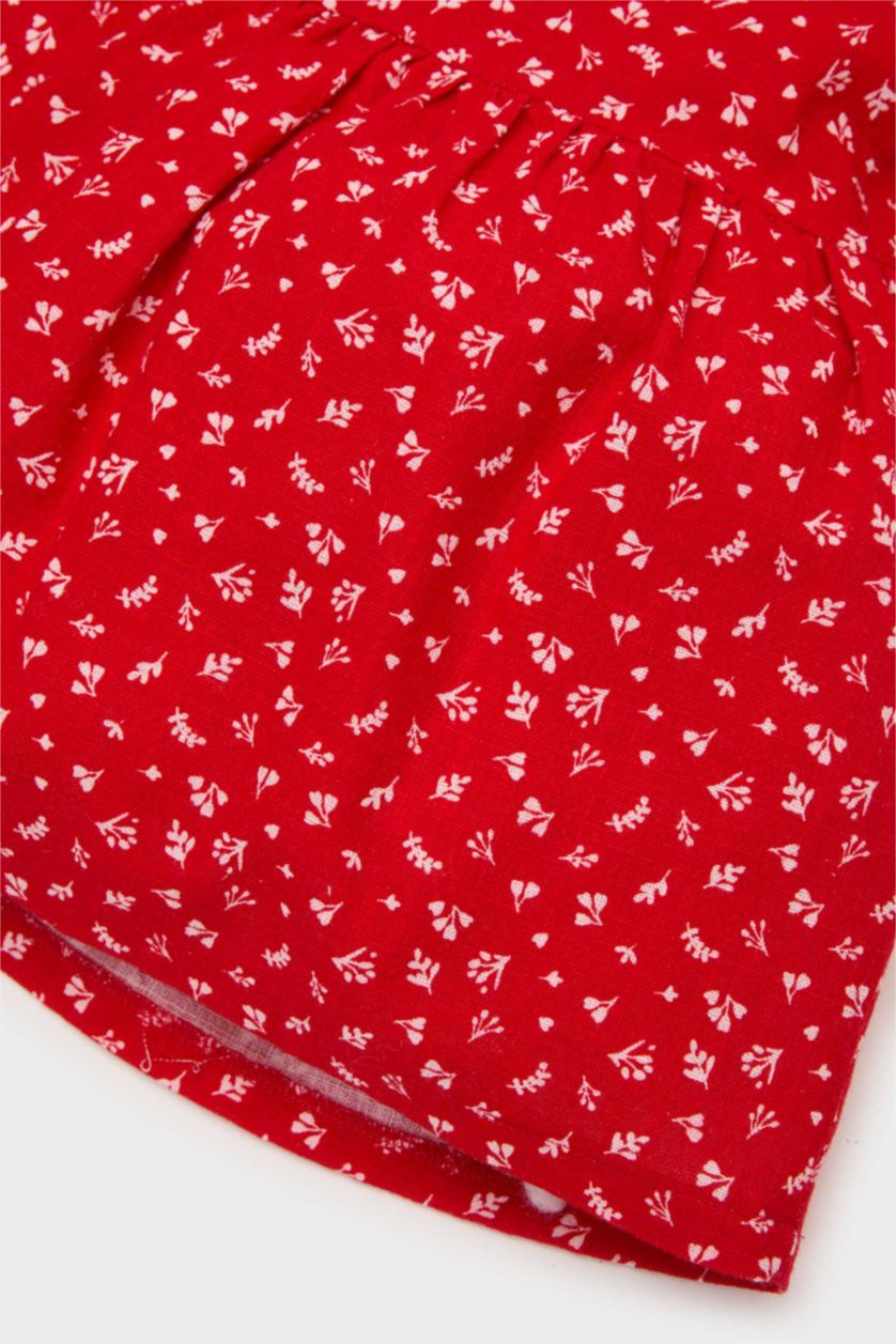 Kız Bebek Kırmızı Desenli Kısa Kollu Flamlı Poplin Elbise Kız Bebek